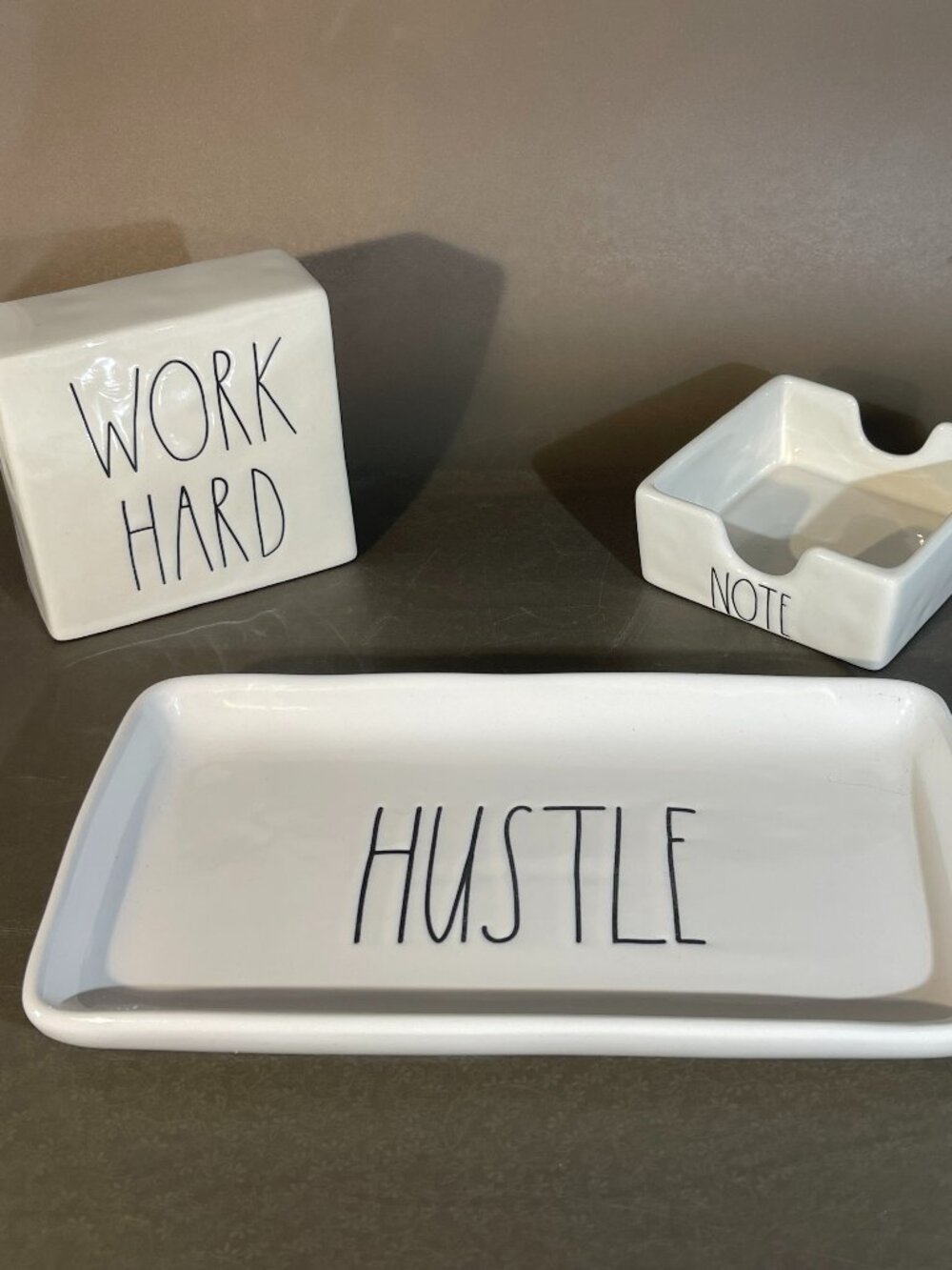 Rae Dunn Post-It Note Holder, Hustle Tray and Work Hard Paperweight (1596)